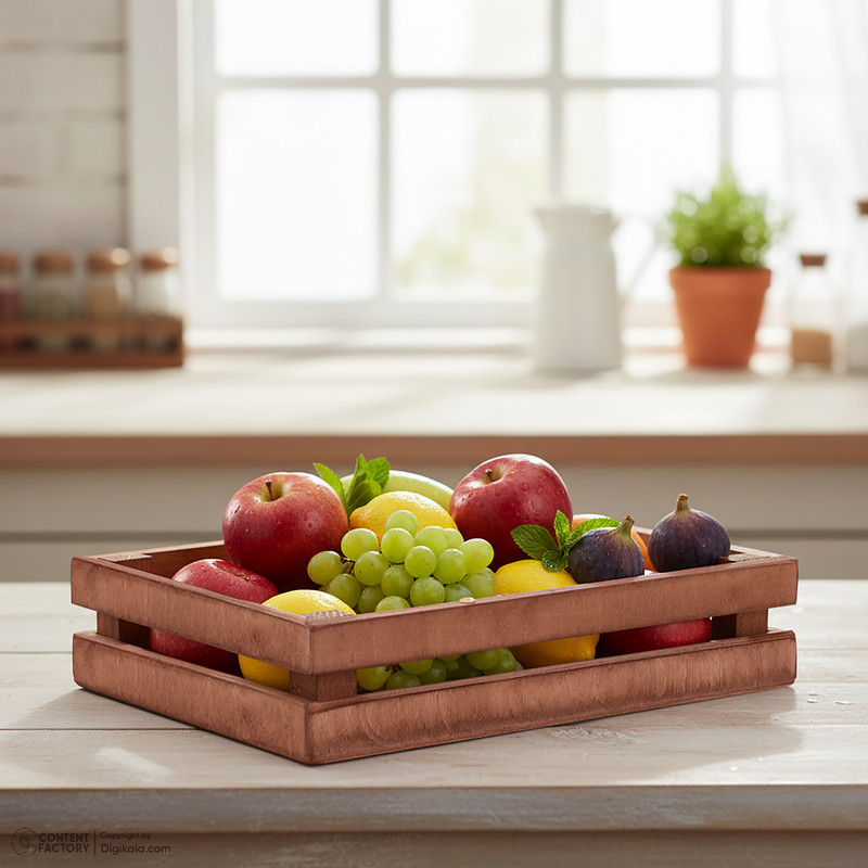 سینی چوبی مستطیل مدل S2 مناسب سرو و میوهخوری با ابعاد 30x19.5 سانتیمتر و وزن 455 گرم، غیرقابل شستوشو