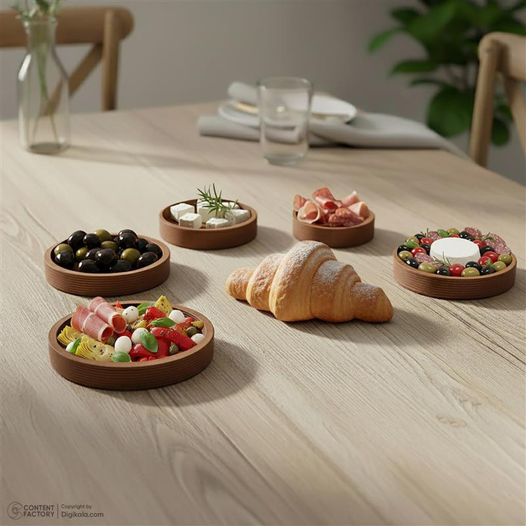 سرویس پذیرایی چوبی 5 پارچه مدل 4838 شامل اردوخوری، شکلاتخوری و آجیلخوری فرم دایره، ساخت ایران، وزن سبک و غیرقابل شستوشو