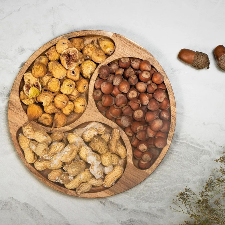 اردوخوری چوبی گردو مدل OD07 با طراحی دایرهای، مناسب سرو تنقلات و پذیرایی، سبک و مقاوم، قابلیت شستوشو با دست