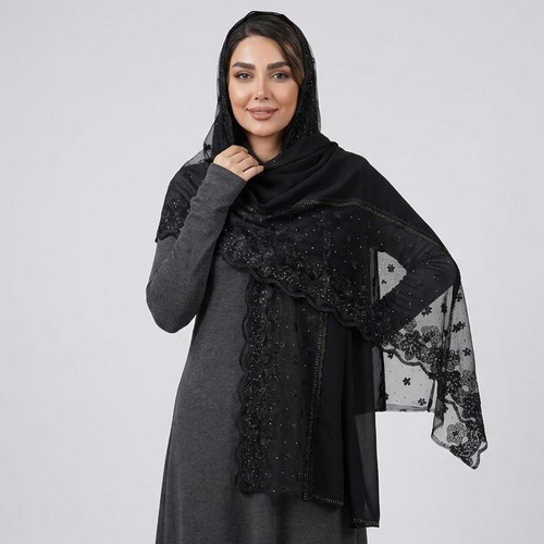 شال زنانه مدل مجلسی ساده حریر کرپ حاشیه گیپور نگین حرارتی کد ۲