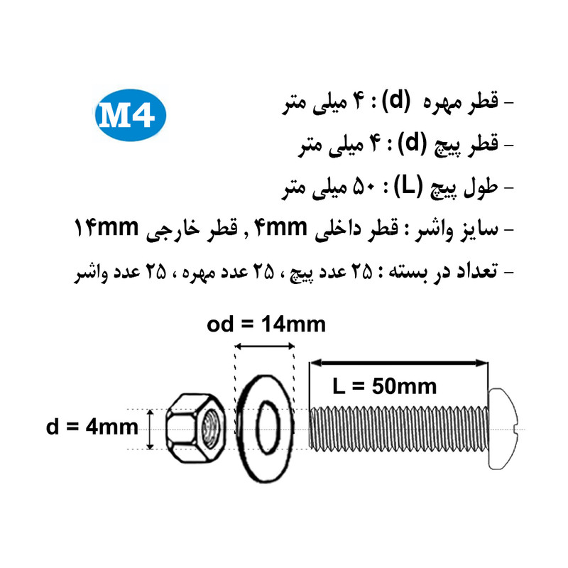 پیچ و مهره و واشر هامر مدل استوانه کد M4-50mm بسته 75 عددی