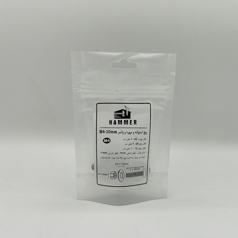 پیچ و مهره و واشر هامر مدل استوانه کد M4-10mm بسته 75 عددی