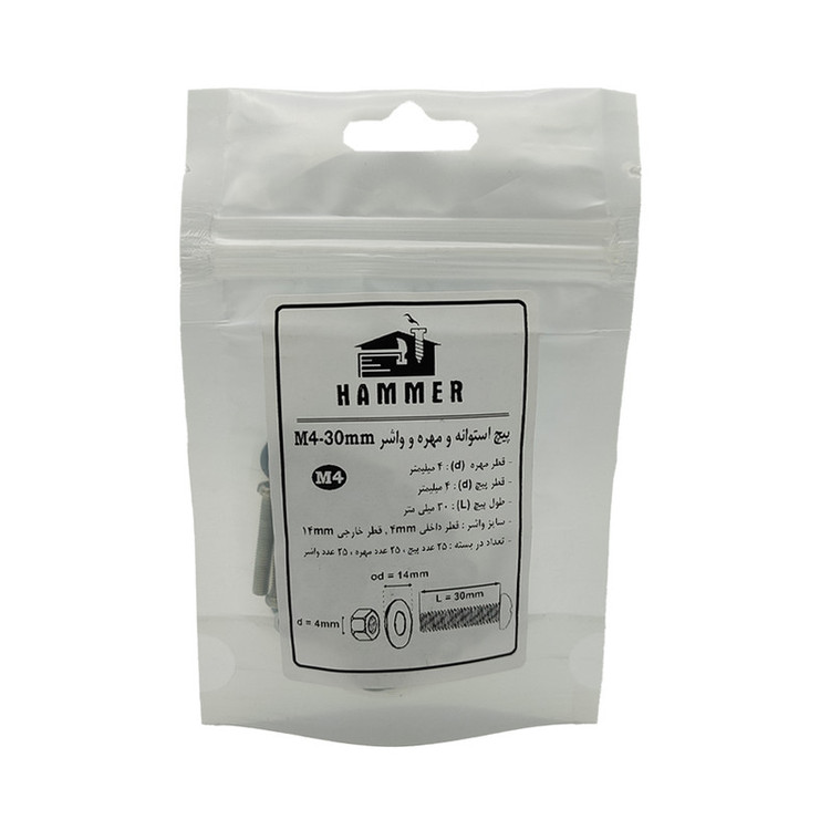 پیچ و مهره و واشر هامر مدل استوانه کد M4-30mm بسته 75 عددی