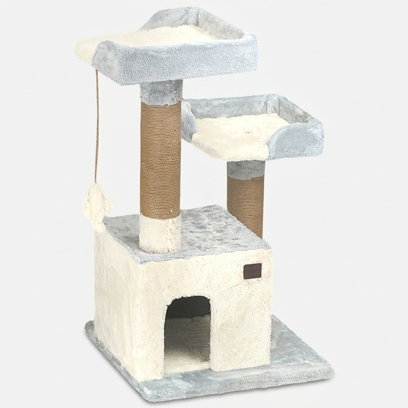 اسکرچر گربه مدل 20 با ابعاد 50x50x95 سانتی‌متر، محل استراحت چندطبقه و طناب بازی برای سرگرمی و تقویت ناخن‌های گربه