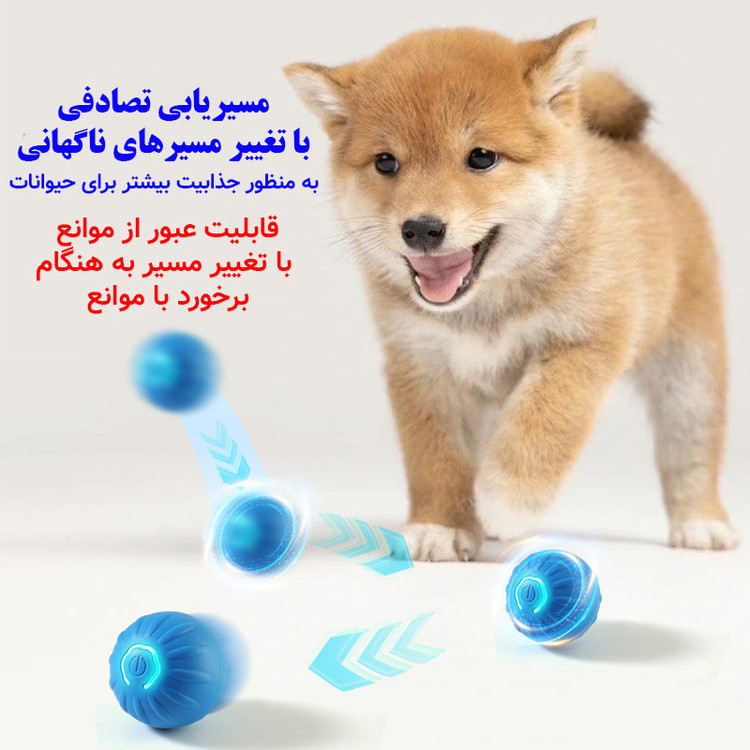 توپ اسباب بازی تعاملی سگ و گربه مدل Bouncing Ball با روکش سیلیکون گرید غذایی، باتری قابل شارژ 200 میلیآمپر و درگاه شارژ Type-C، چراغ 7 رنگ تغییر رنگ خودکار، تایمر 10 دقیقهای و مسیریابی تصادفی با تغییر جهت خودکار
