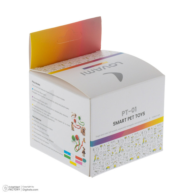 توپ هوشمند سرگرمی و اسباب بازی سگ و گربه مدل PT-01 با ابعاد 39x6x5 سانتیمتر، جنس سیلیکونی و پلاستیکی، وزن 45 گرم، دارای عملکرد نورانی، حرکتی و تعاملی مناسب توله، بالغ و سالمند، ساخت ایران
