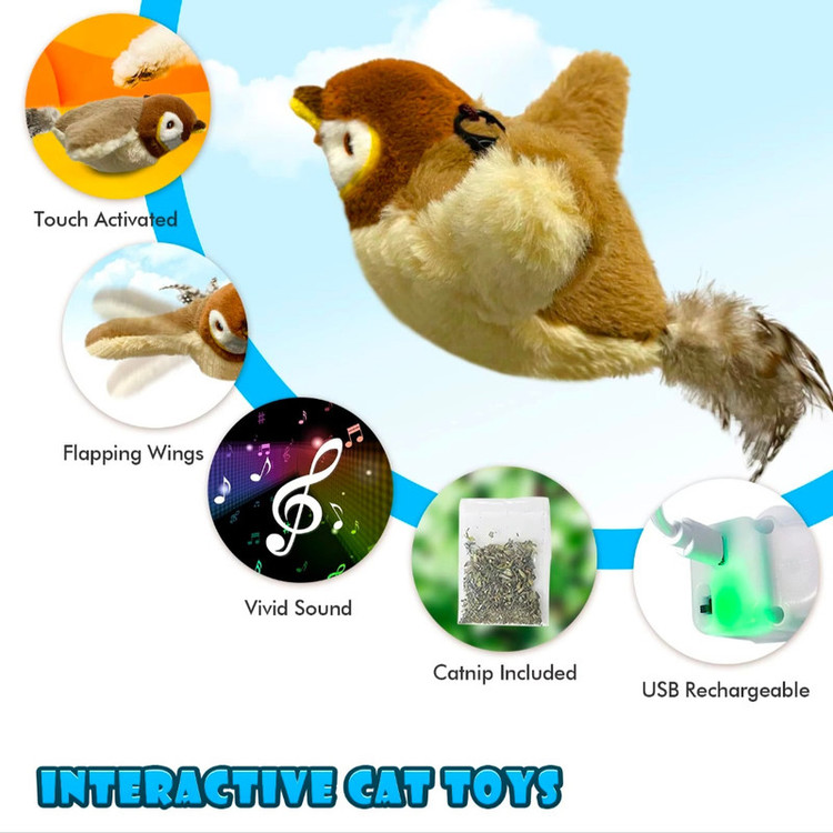 اسباب بازی گربه آویزی مدل CT-101 با حرکت بال زدن، صدادار، مقاوم در برابر جویدن و ضربه، مناسب توله، بالغ و سالمند، قابل شستشو با دست و ماشین لباسشویی