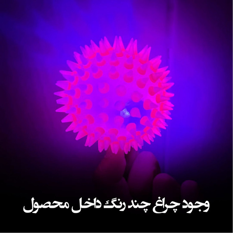 توپ جویدنی اسباب بازی سگ و گربه چراغدار مدل خاردار قطر 7سانتیمتر، لاستیک غیرسمی با سوت داخلی، مقاوم در برابر جویده شدن و دارای قلاب آویزانکننده برای سلامت دندان و لثه و پیدا کردن آسان در تاریکی