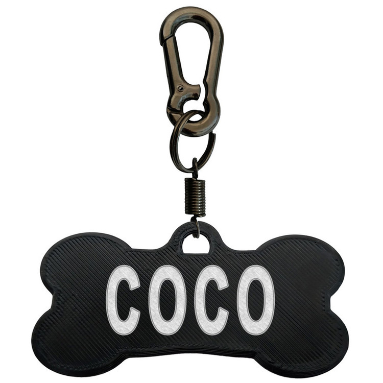 پلاک شناسایی سگ مدل Coco بدنه پلاستیکی منعطف و ضدحساسیت، گیره فلزی فنری مقاوم، قابلیت شستشو و ضدعفونی، دارای لیبل ثبت شماره تماس پشت پلاک