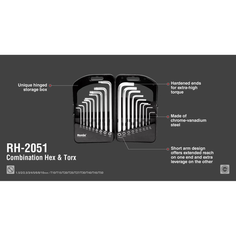 آچار آلن و ستاره ای رونیکس مدل 2051HEX-KEY مجموعه 18 عددی