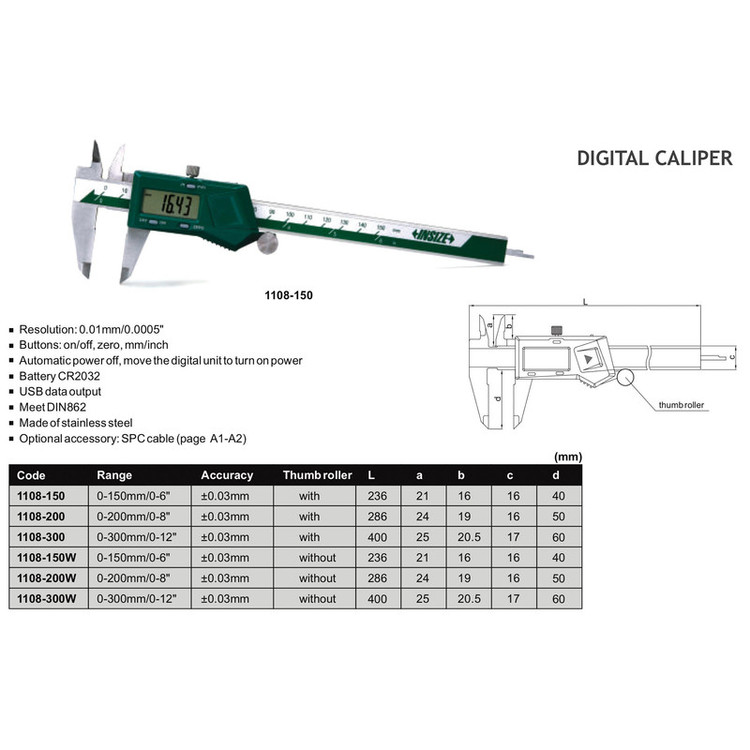 کولیس دیجیتال اینسایز کد 150-1108 گستره 150-0 میلیمتر